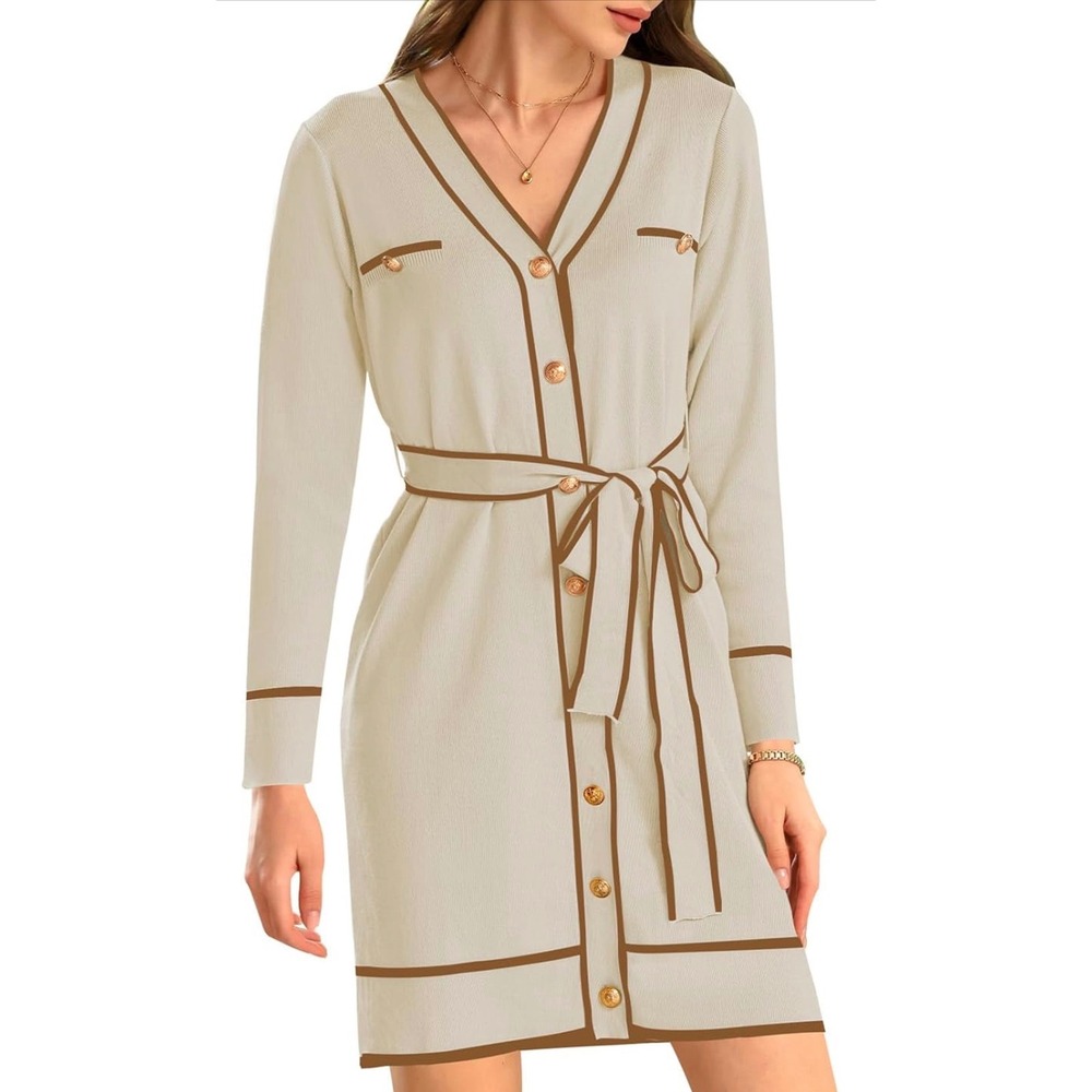 Pink Queen Long Sleeve Button Down Sweater Dress V Neck‎ Cream Size Large
